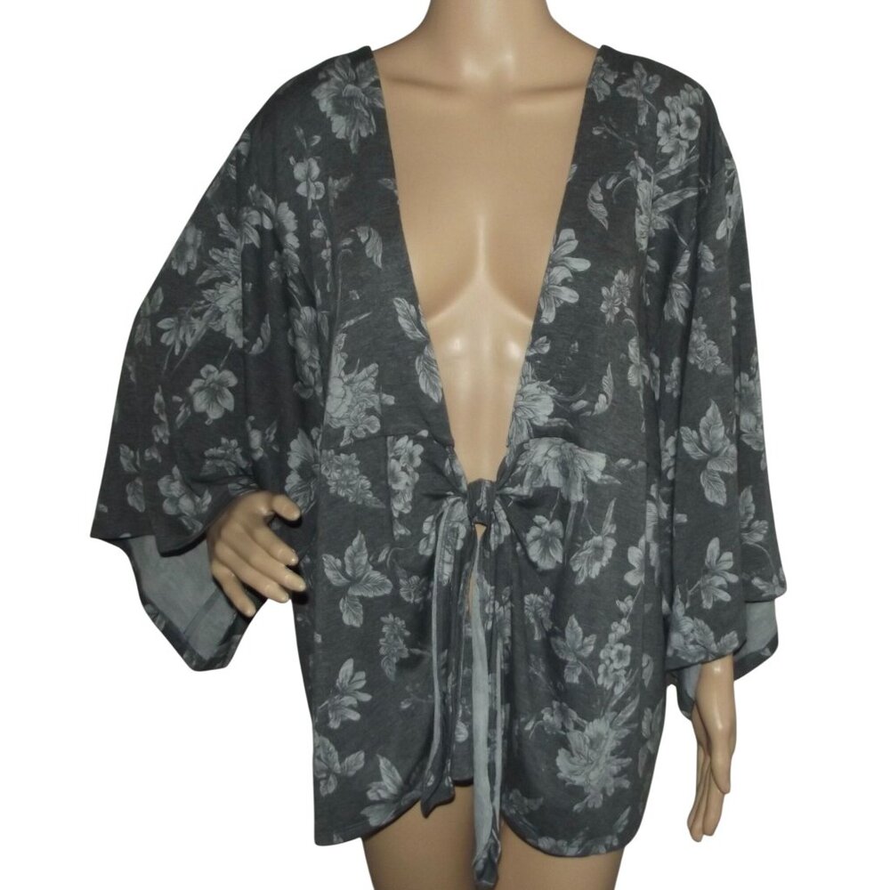 Cardigan Womens Size 2X Gray Floral knit Shrug Front Tie Kimono